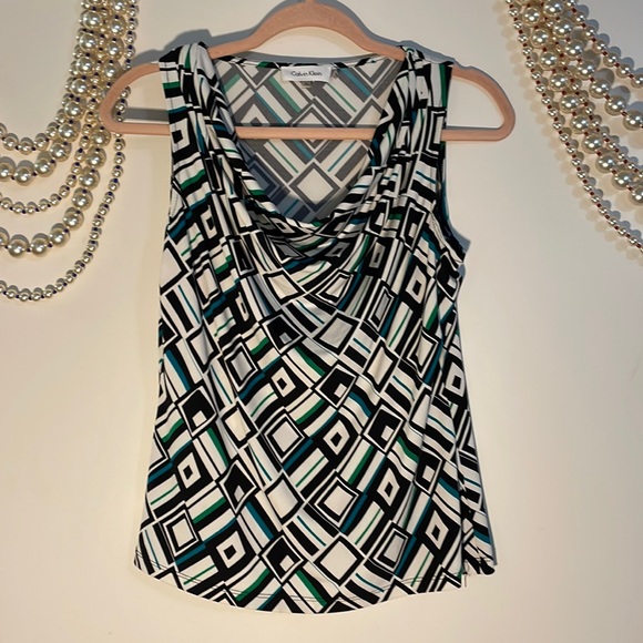 Calvin Klein drape neck sleeveless geometric print top PL - Picture 1 of 6